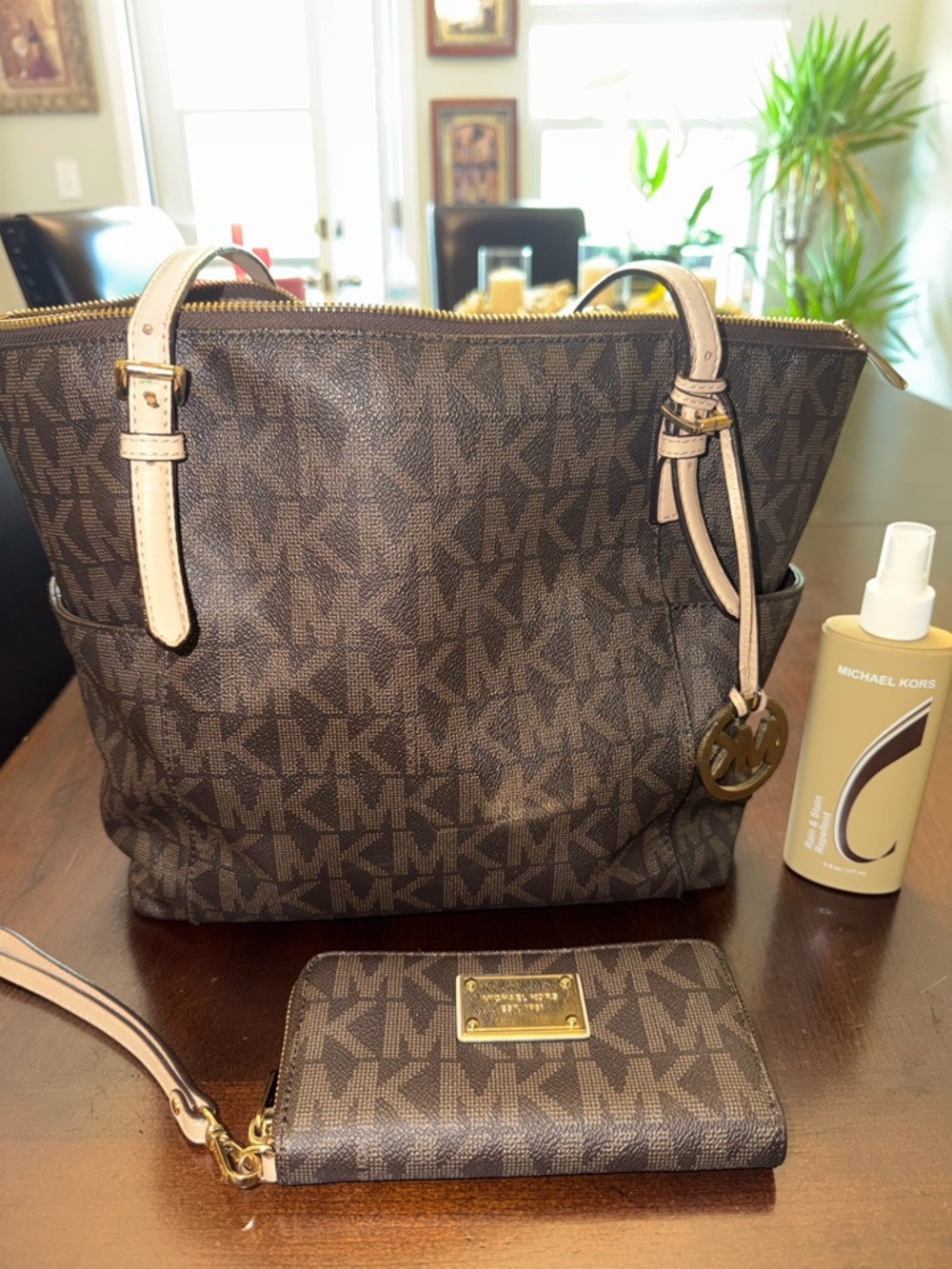 Michael Kors Brown MK Signature Tote + Matching Wristlet Gold Hardware